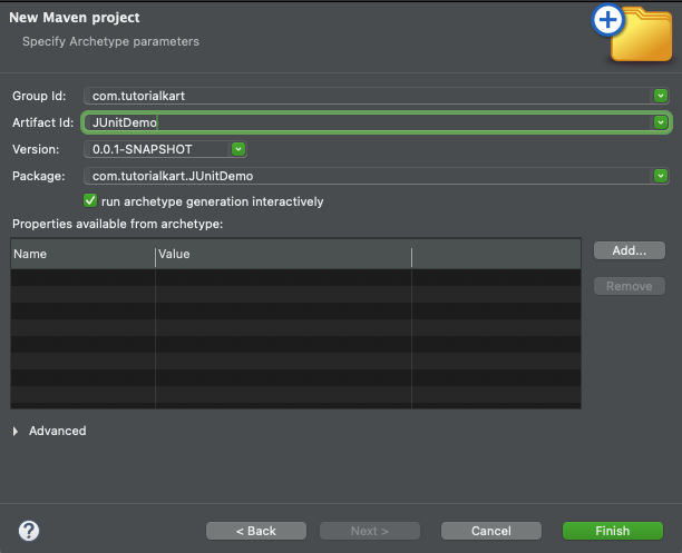 New Maven Project - Archetype Parameters Dialog